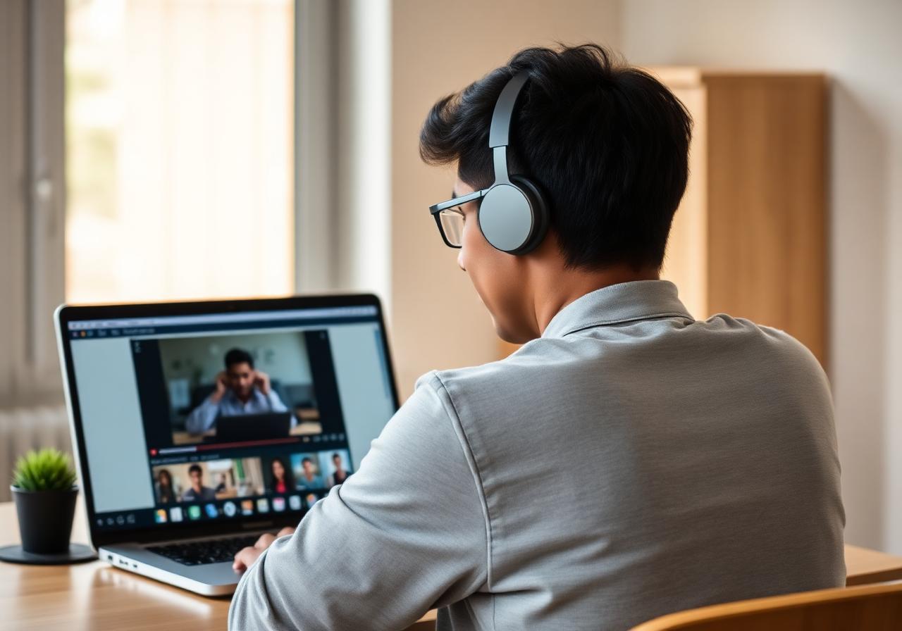 Student learning online with headphones